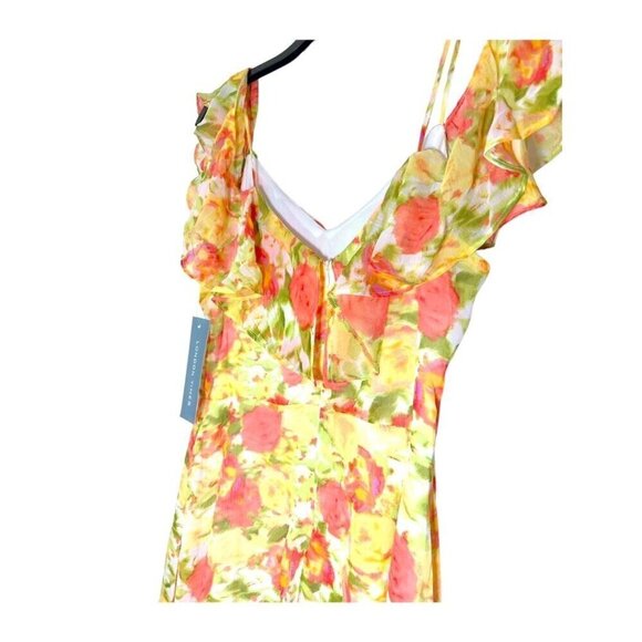 London Times Yellow Floral Cold Shoulder Chiffon Wrap Style Dress Sz 10 New - Picture 5 of 10